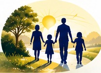 Family of four holding hands on a park path